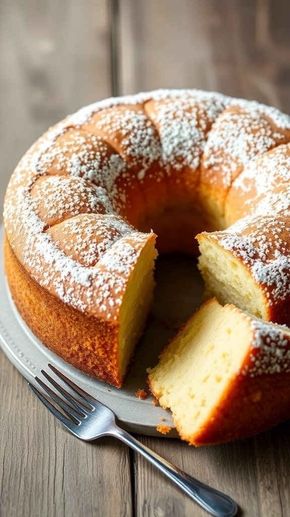6-Inch Almond Flour Cake Recipe A golden 6-inch almond flour cake dusted with powdered sugar, with a slice cut out, on a wooden table.